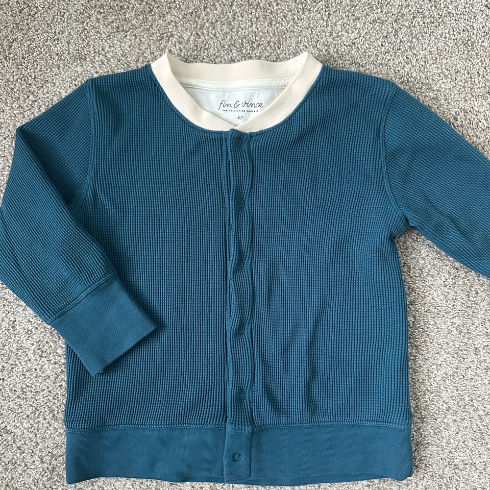 Fin & Vince Ocean Waffle-Knit Kids Button Cardigan with Cream Neckline 6/7